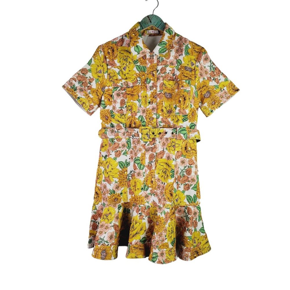 La' Ros Poppy Belted Peplum Mini Pocket Button-up Collared Dress, Sz S